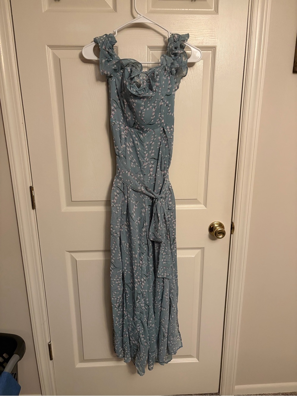 Ruffle-Trim Floral Maxi Dress in Dusty Blue